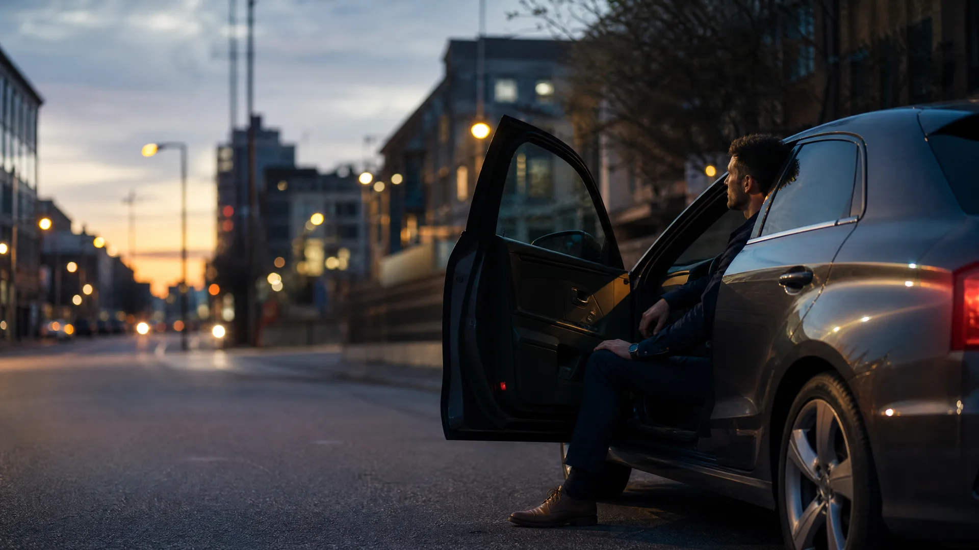 A man sits sideways in the open driver's door of a dark sedan parked on a city street at dusk, with blurred buildings and streetlights behind.