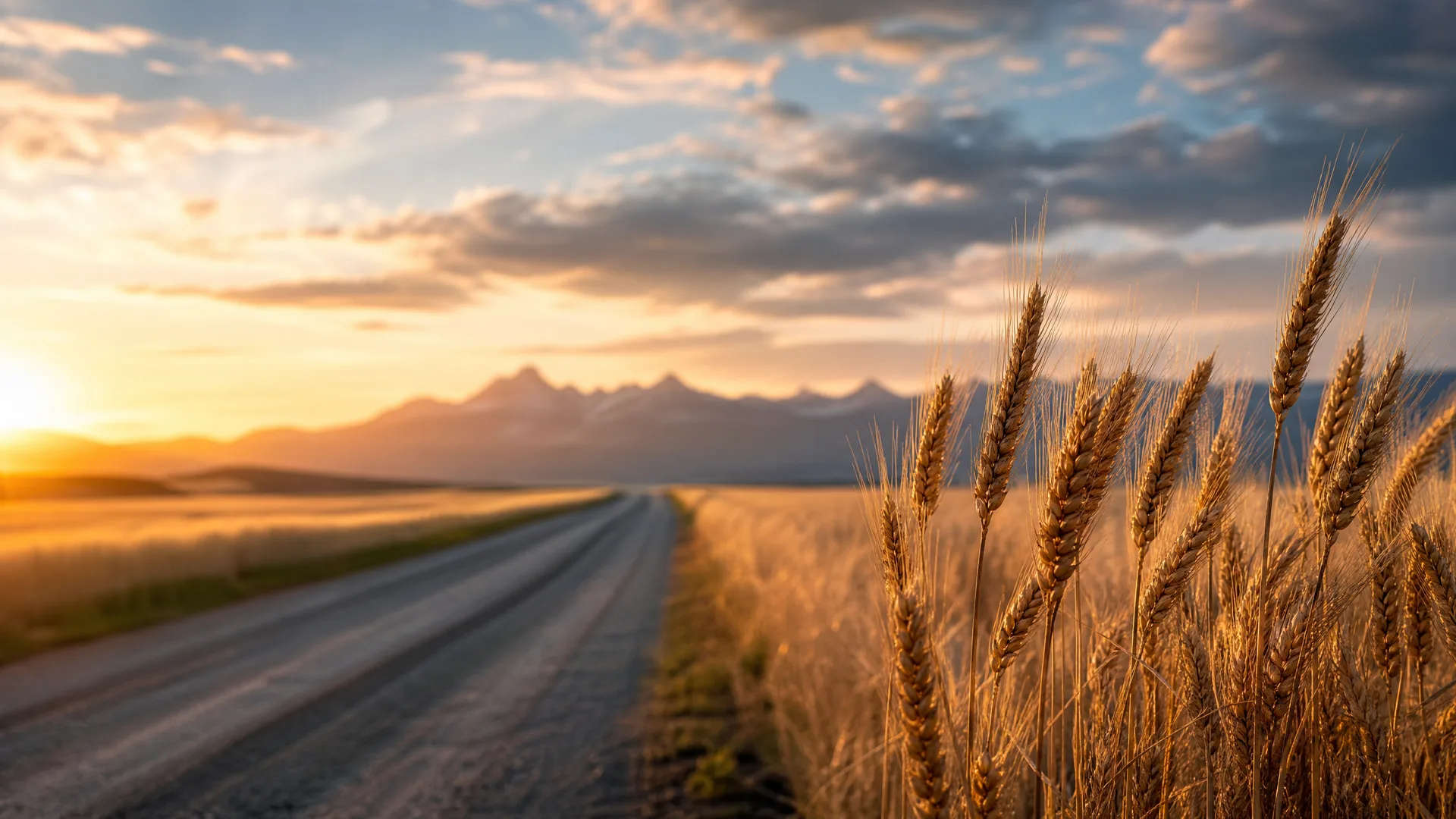 A gravel road runs through open fields toward distant mountains at sunset, with ripe wheat heads in sharp focus in the right foreground under a partly cloudy sky.