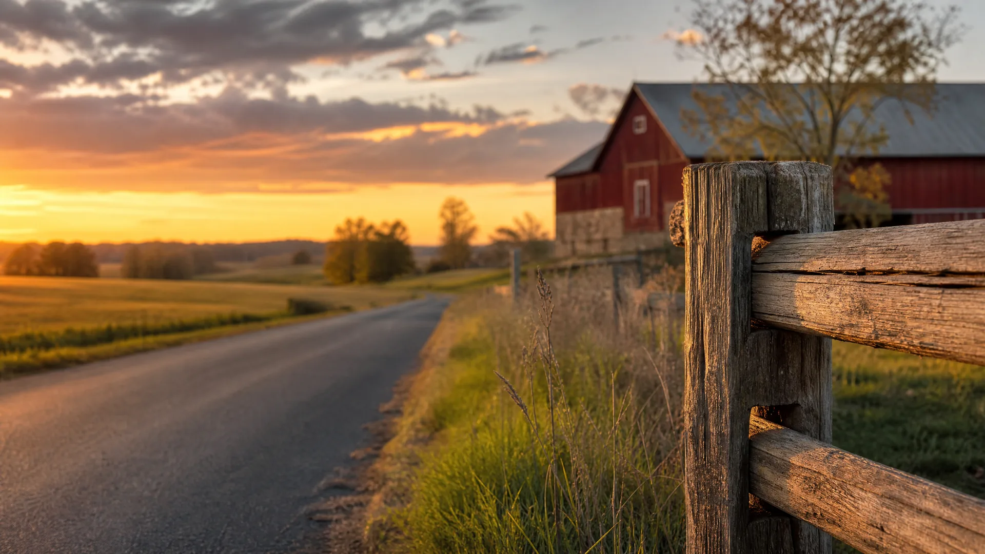 A paved country road curves past grassy fields at sunset, with a weathered wooden fence post in sharp focus in the foreground and a red barn with a gray roof behind it.