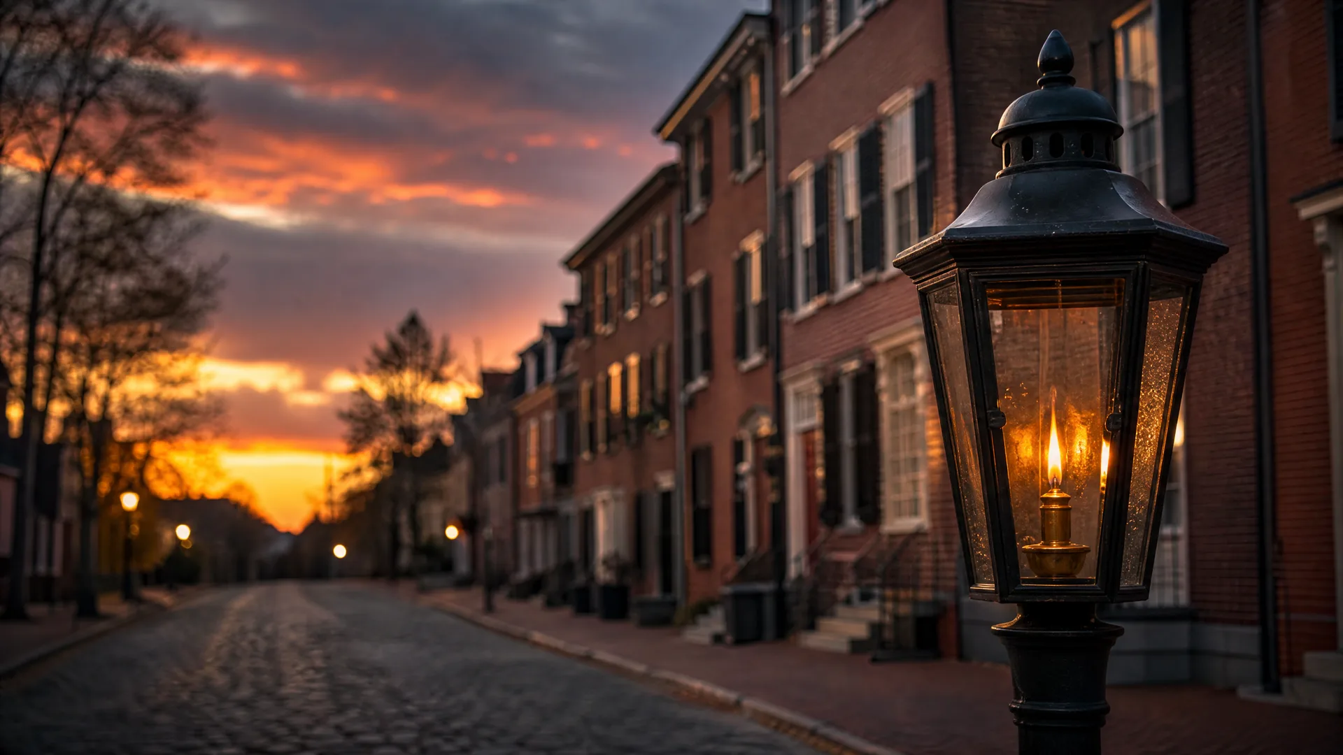 A lit gas-style lantern on a post in the foreground beside a cobblestone street lined with brick row houses at dusk, with orange clouds in the sky.