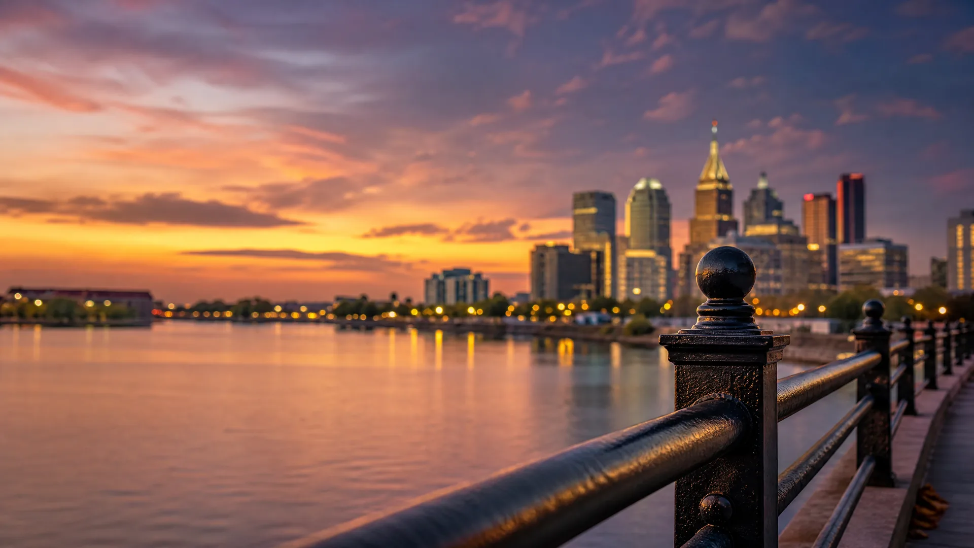 A city skyline with lit high-rise buildings across a calm body of water at sunset, viewed from a waterfront walkway with a black metal railing in the foreground.
