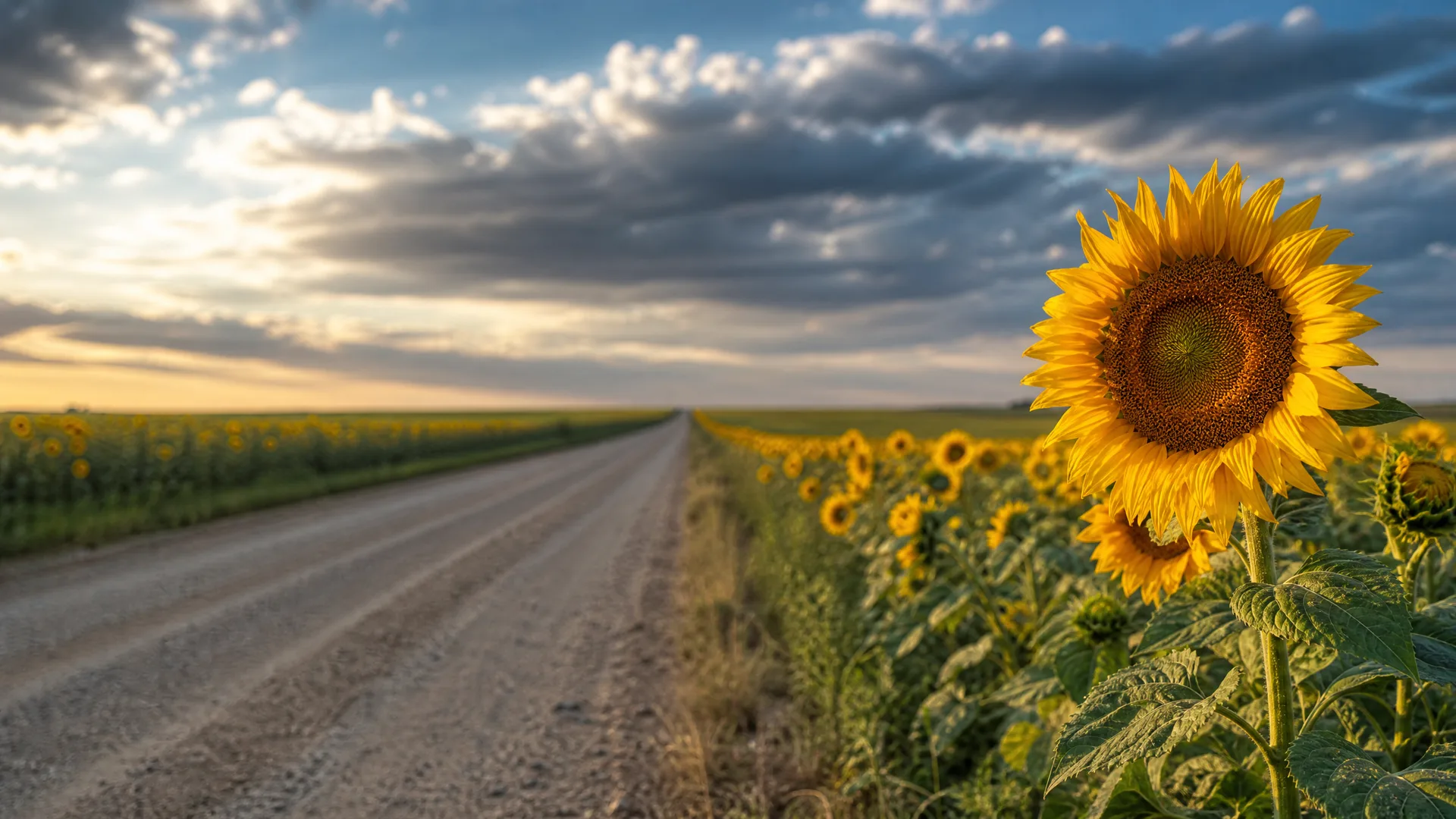 A gravel road runs toward a flat horizon between sunflower fields, with one large sunflower in close-up at the right under a cloudy sky.