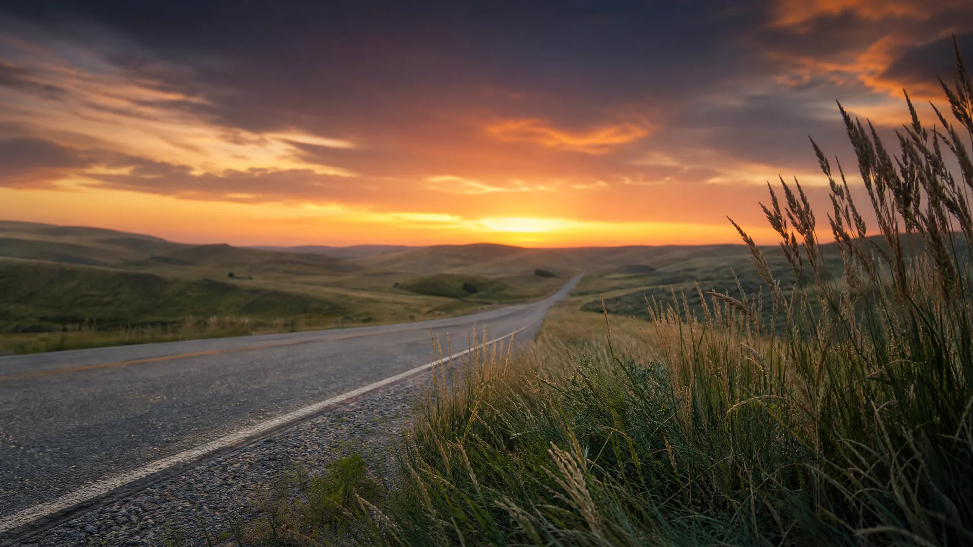 A two-lane paved road with a white edge line curves through rolling grassy hills at sunset, with tall grasses in the foreground and orange clouds above the horizon.