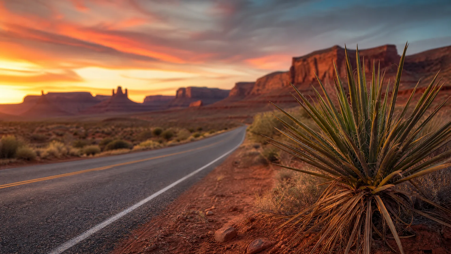 A two-lane road with a white edge line and double yellow center line curves through red desert soil toward distant flat-topped buttes at sunset, with a spiky yucca plant in sharp focus in the right foreground.