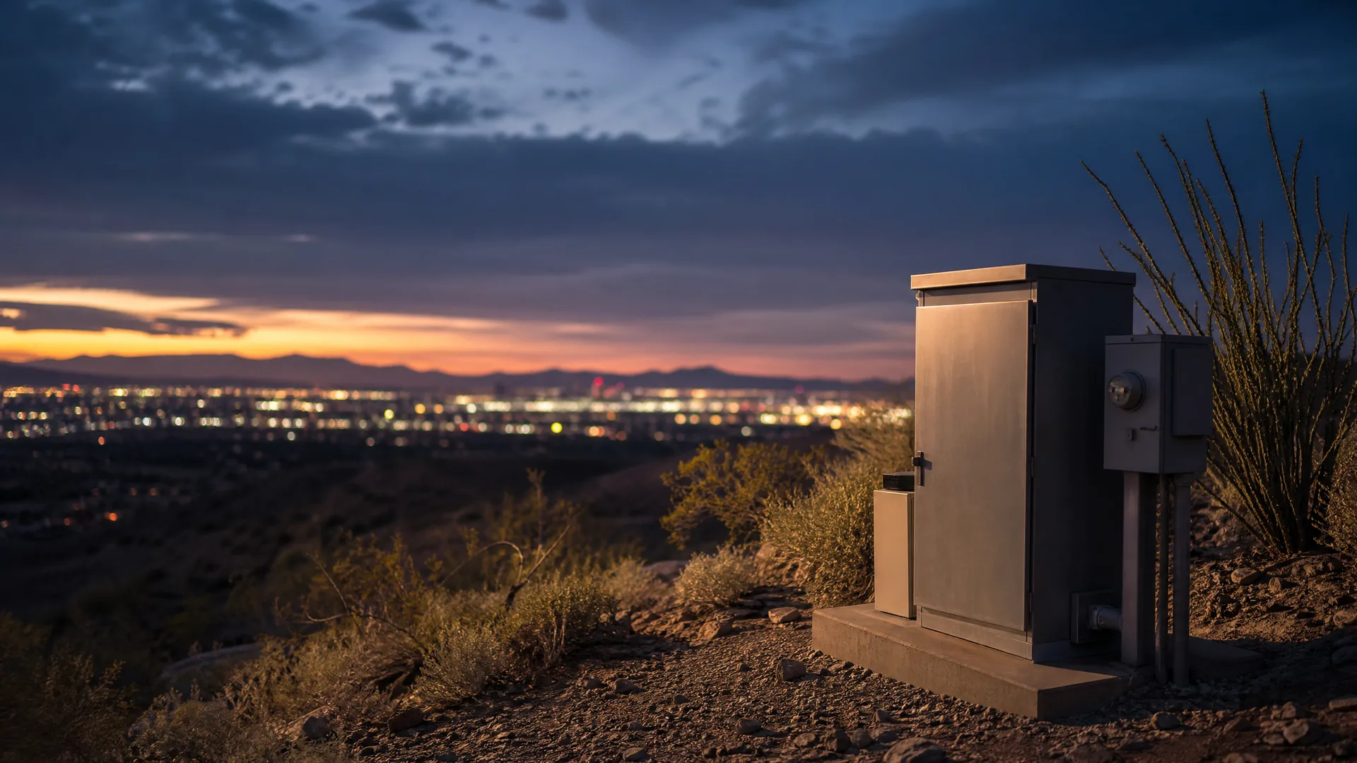 A metal utility cabinet on a concrete pad with a smaller box on a post stands on a rocky desert hillside with scrub and an ocotillo, overlooking distant city lights and mountains at dusk.